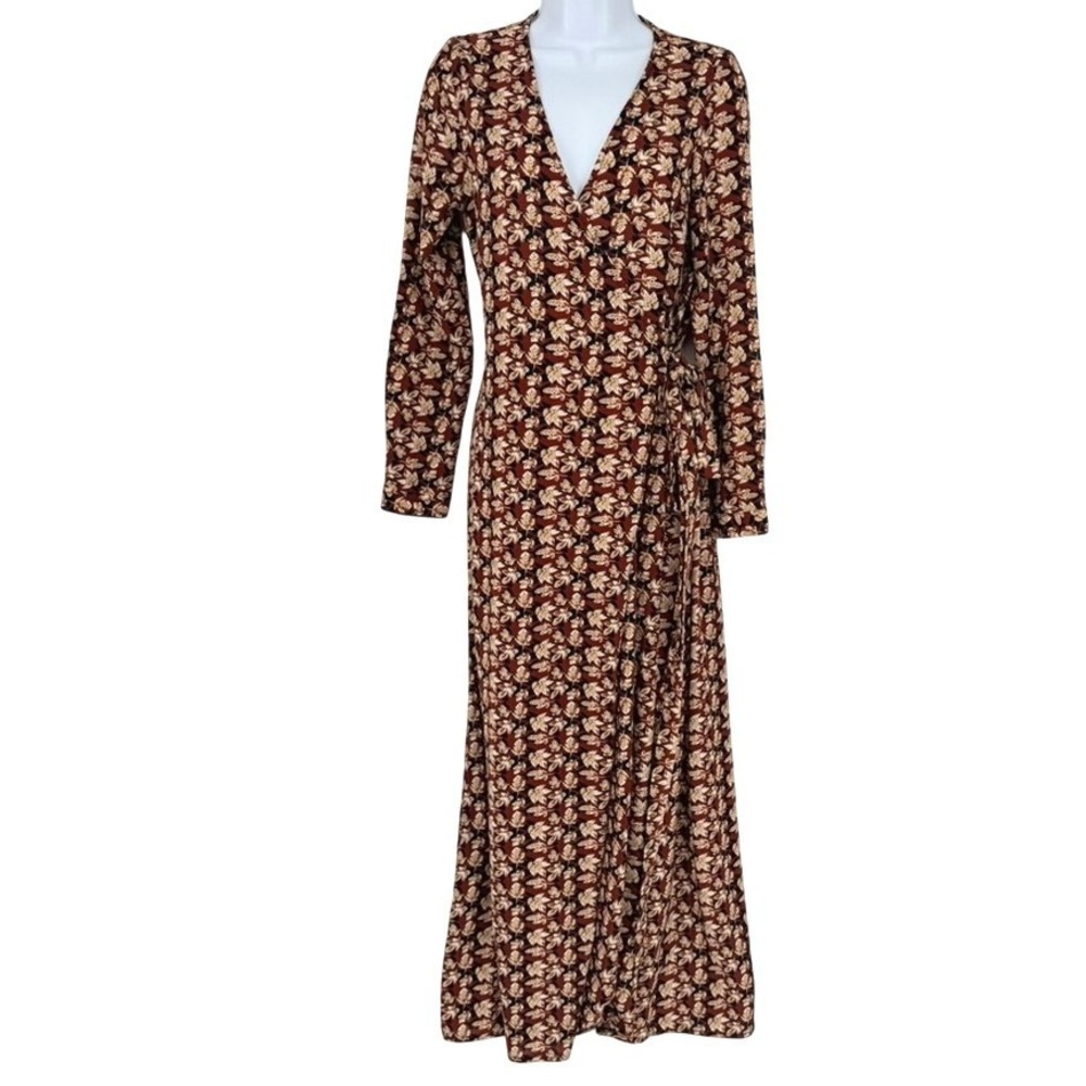 ICHI Womens Rust Orange Leaf Print Long Sleeve Maxi Wrap Dress Scandi Cottage S